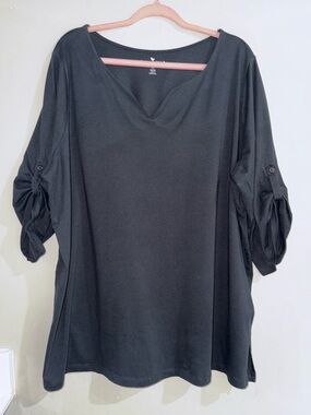 Woman Within 2X Black V Neck Tee Roll Tab Sleeve Cotton Plus Top